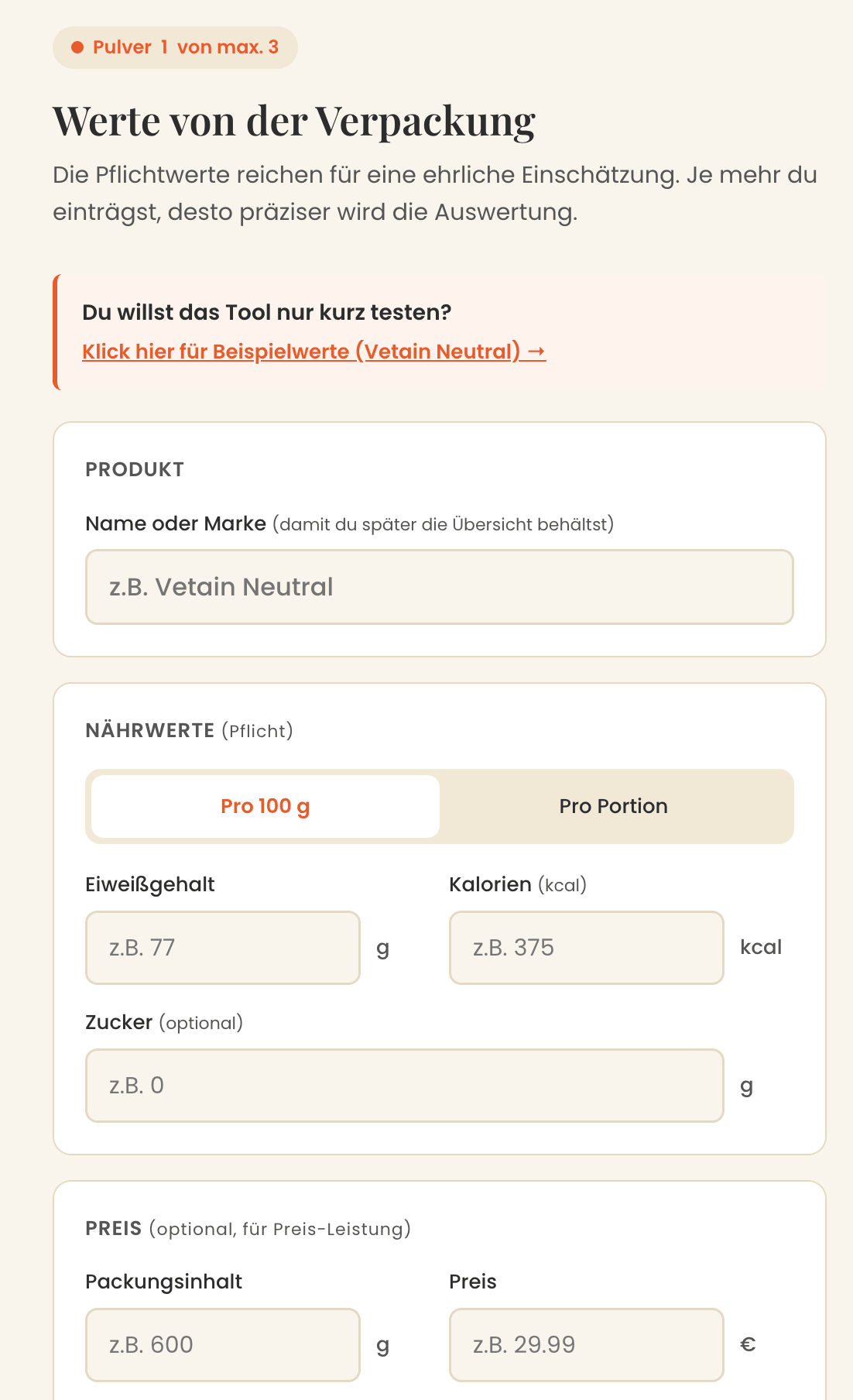Werte-Eingabe im Tool