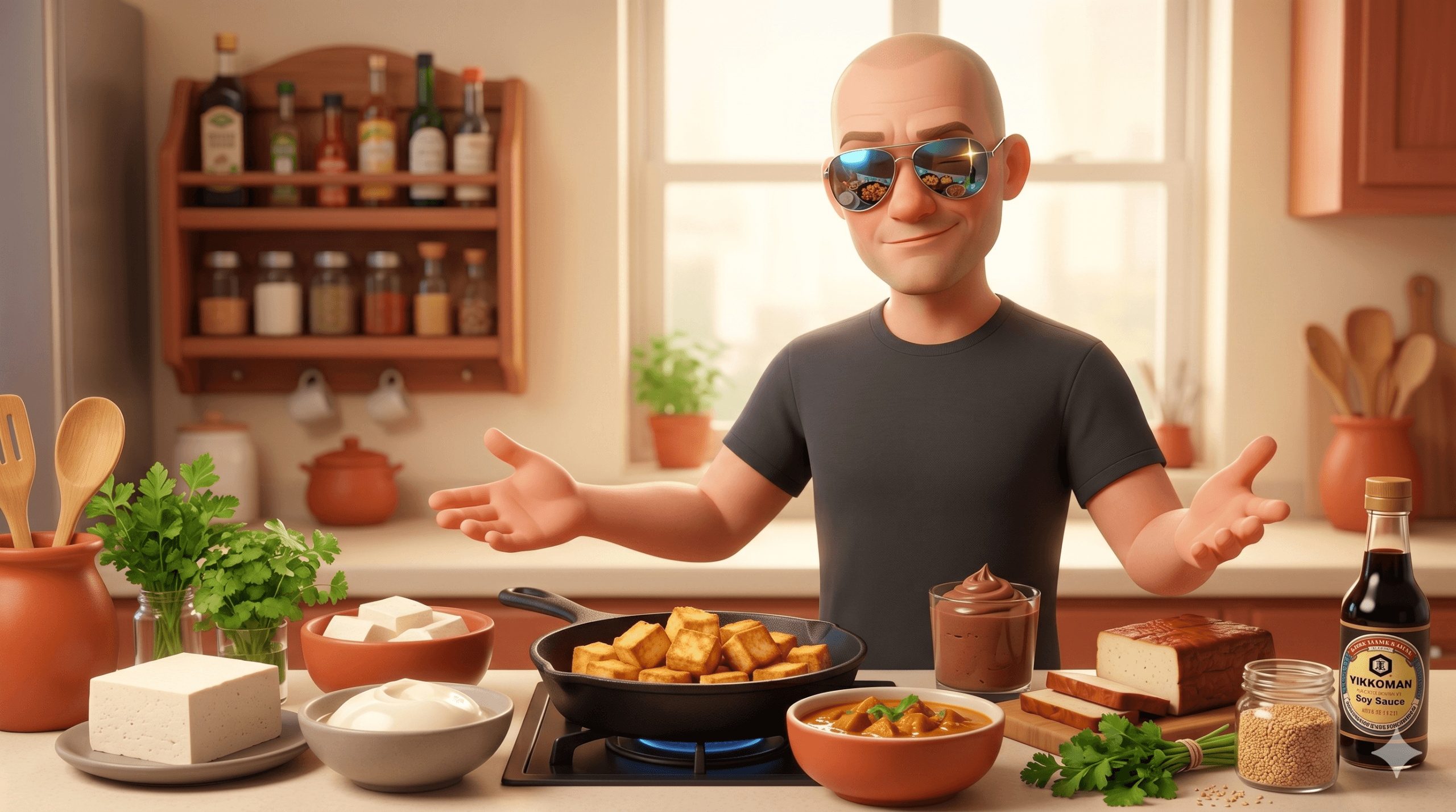 Der Tofunator in seiner Küche mit allen Tofu-Sorten