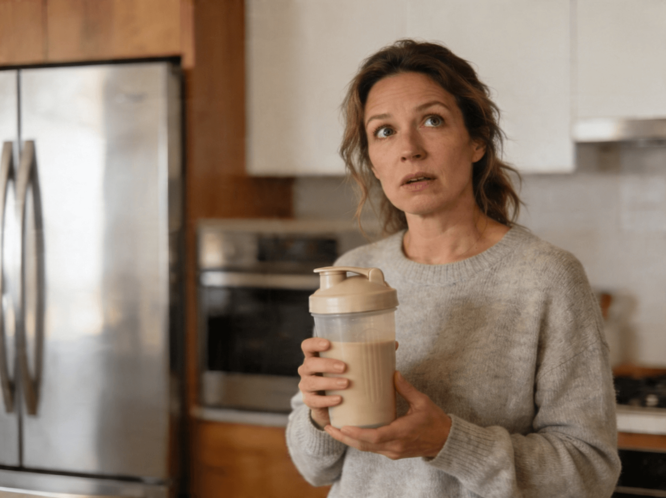 Frau in der Küche prüft skeptisch ein Protein-Pulver