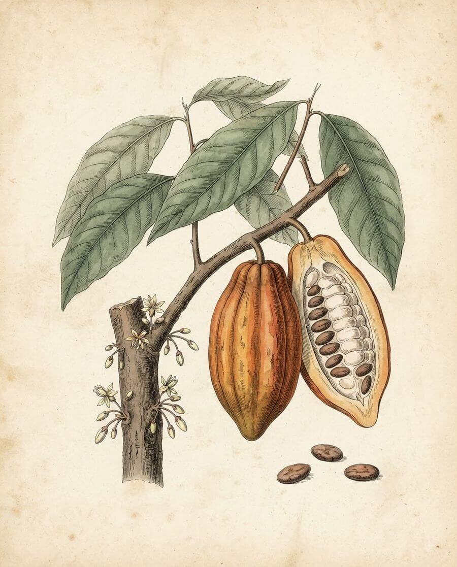 Botanische Zeichnung der Kakaopflanze mit Frucht, aufgeschnittener Schote und Bohnen