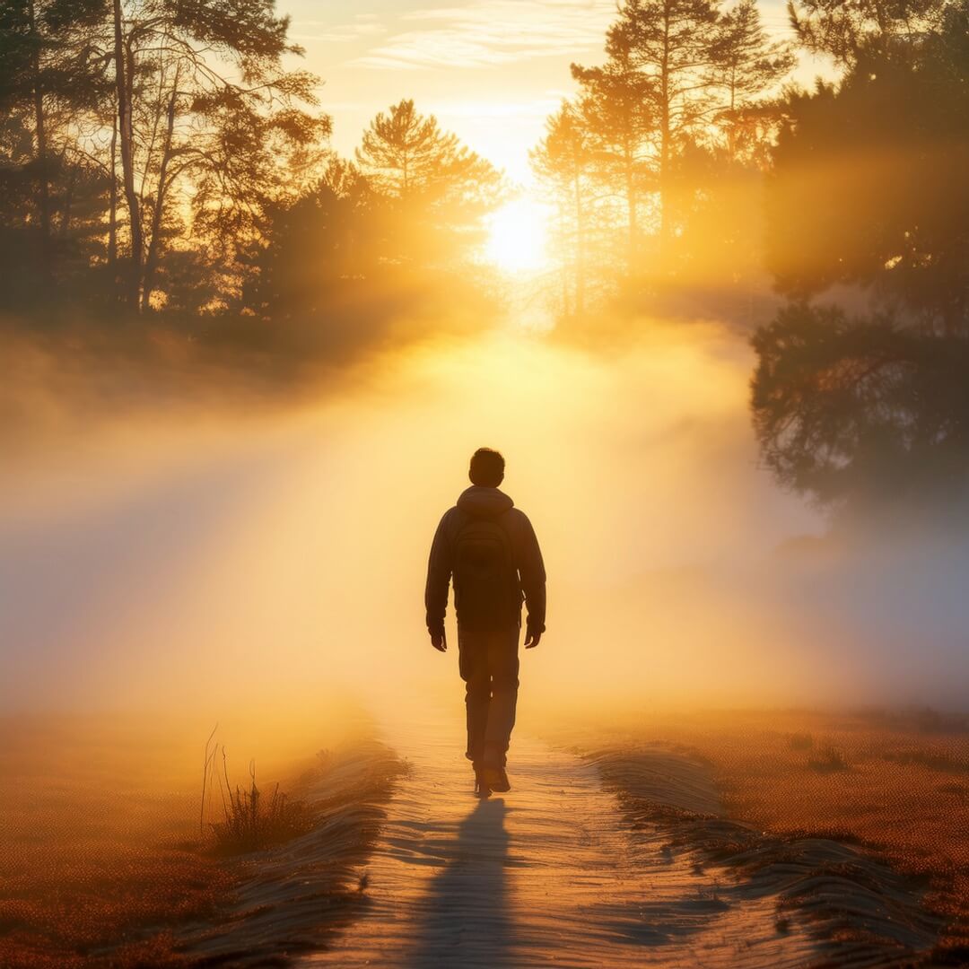Person im Nebel, geht ins Licht – Symbol für innere Transformation
