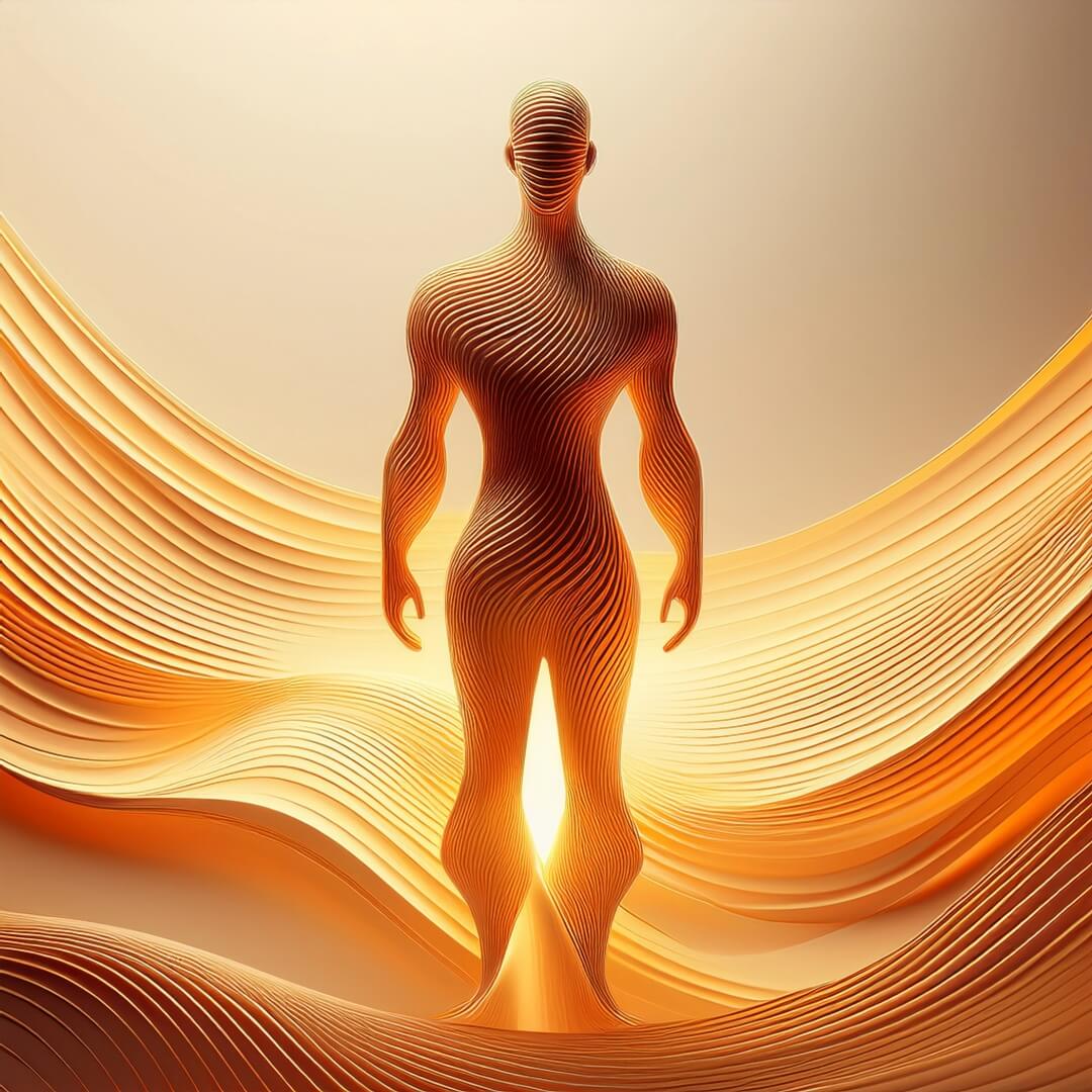 Abstrakte Atem- und Klangwellen um eine Silhouette – Rhythmus, Entladung, Integration.