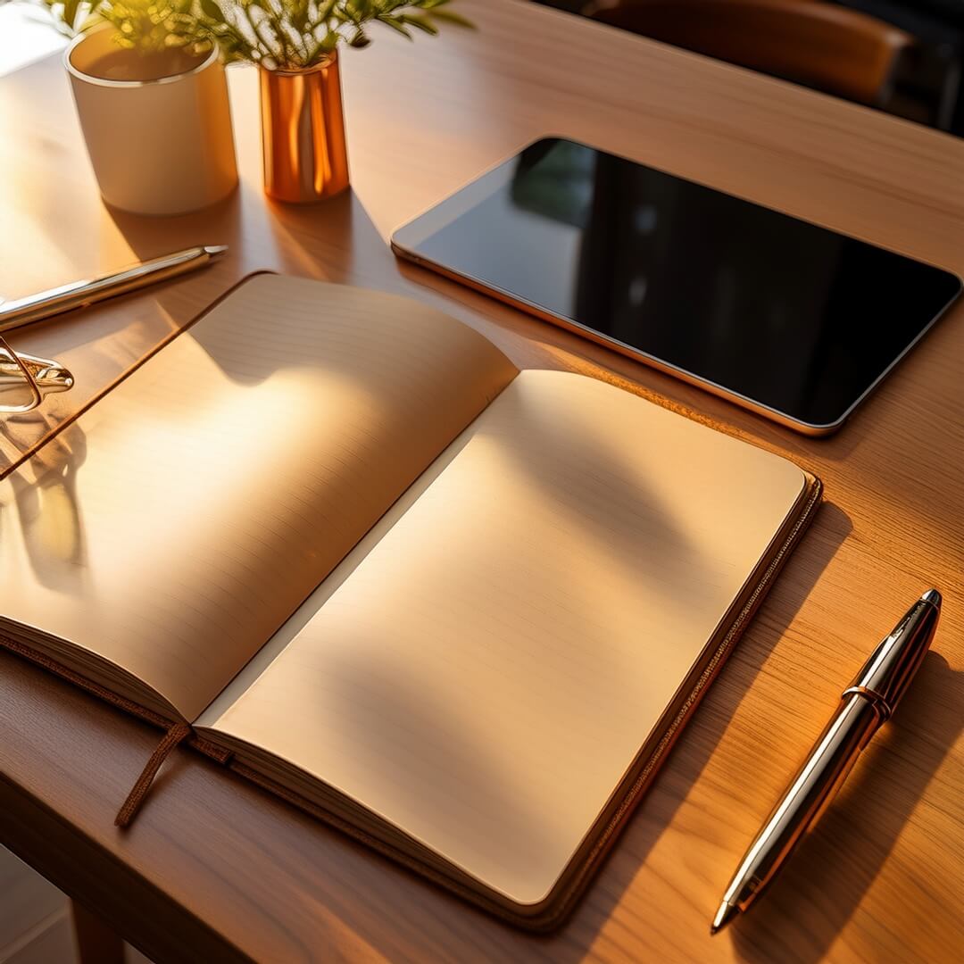 Offenes Notizbuch und Stift im warmen Licht – Fokus auf den nächsten Schritt.