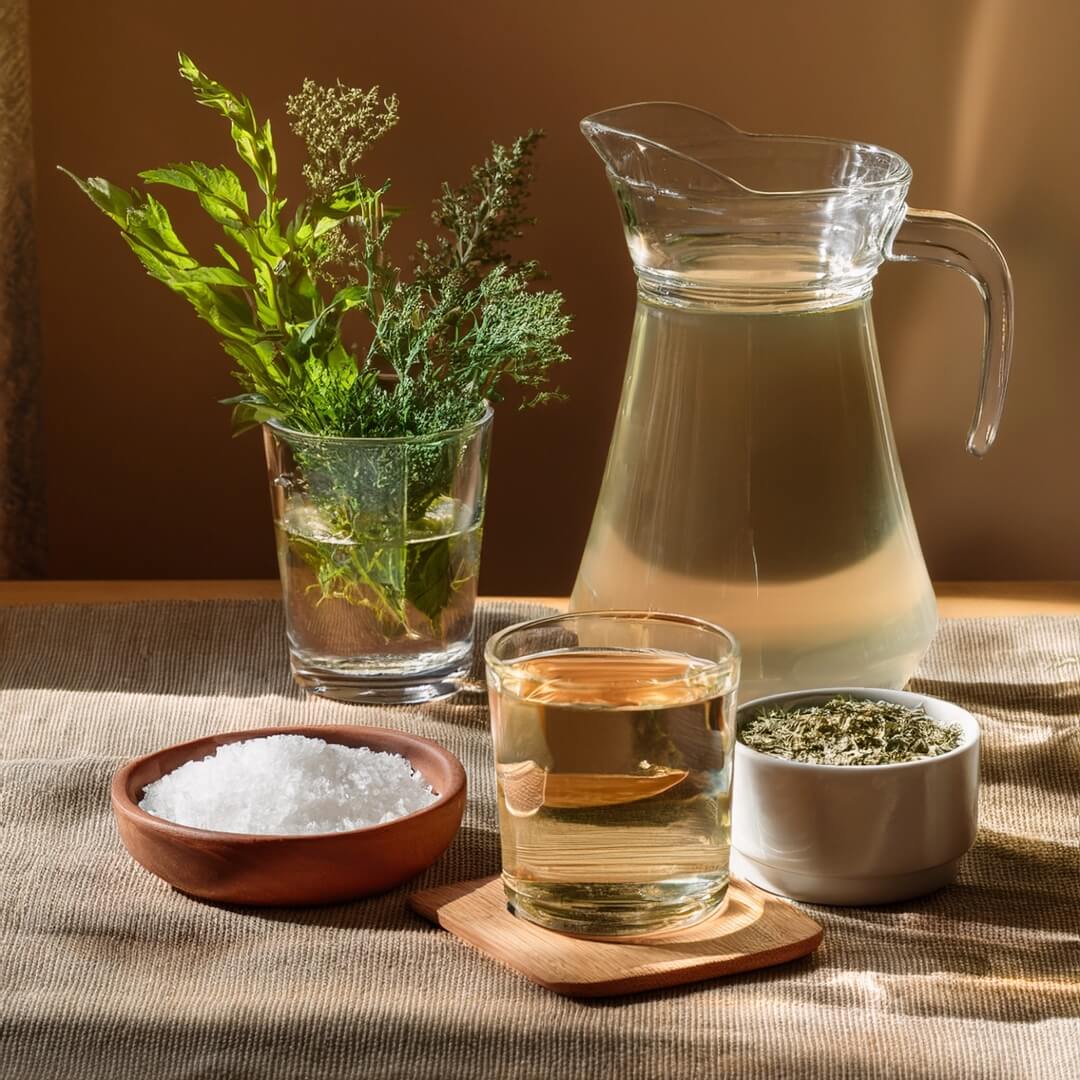 Wasser, Kräutertee, Salz und klare Brühe – einfache Begleiter für den Tag.