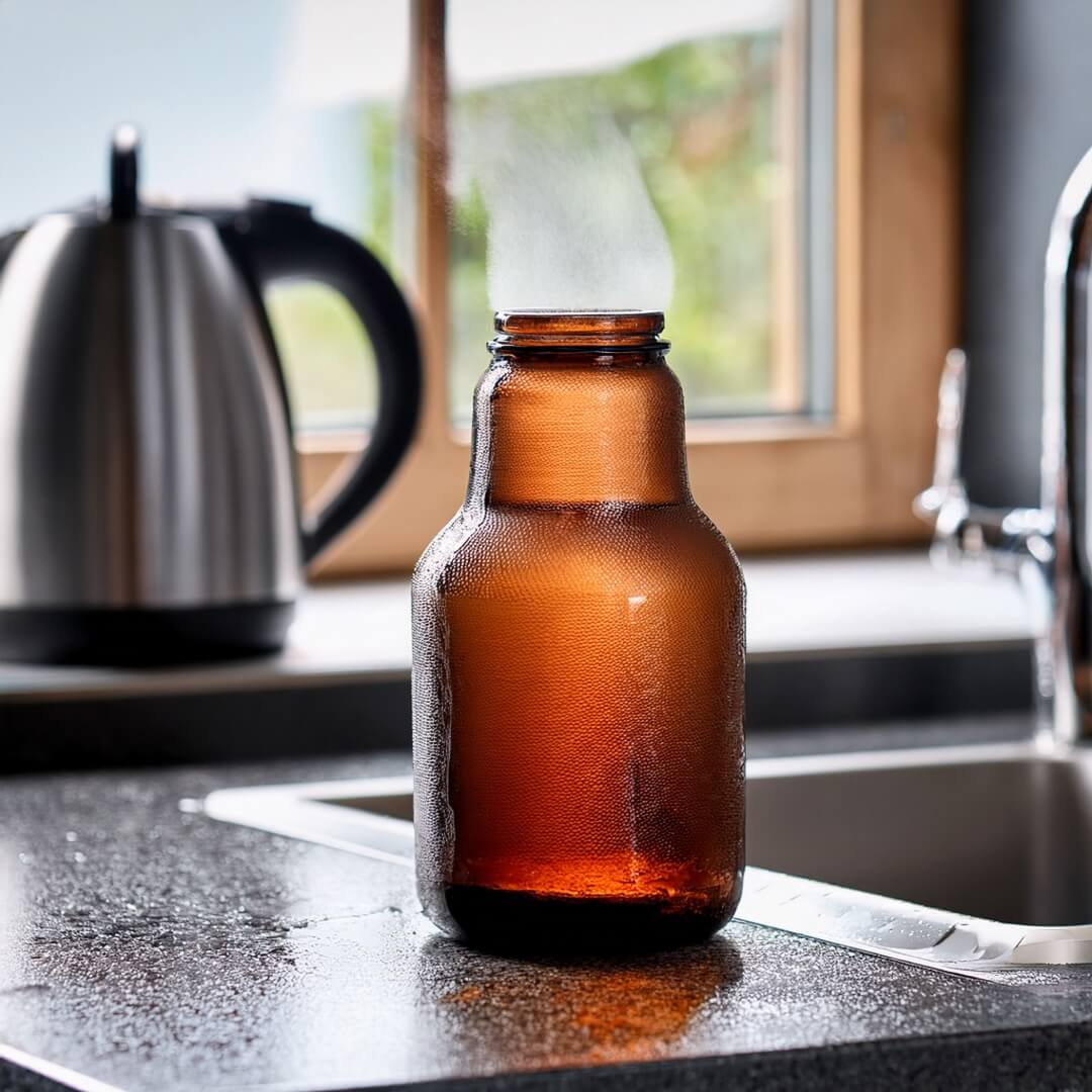 1-l-Glasflasche heiß ausgespült; wichtig: keine Spülmittelreste