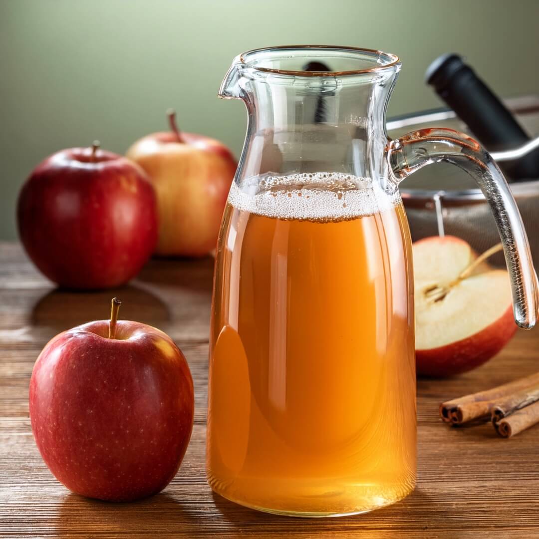 1 l Bio-Apfelsaft einfüllen; 2–3 cm Kopfraum für Kohlensäure
