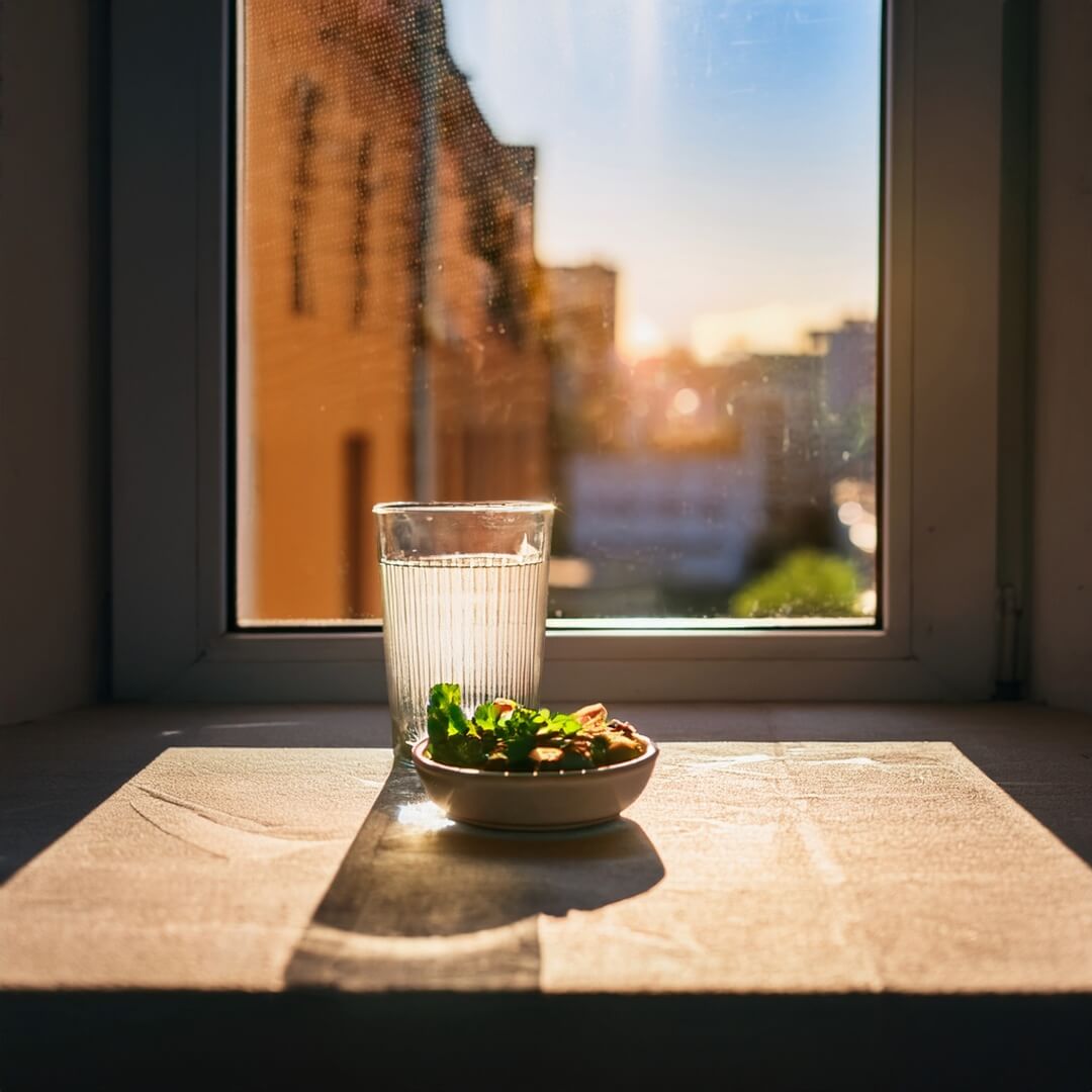 Sommerhitze draußen, kühler Schatten mit Wasser und kleiner Snack drinnen.