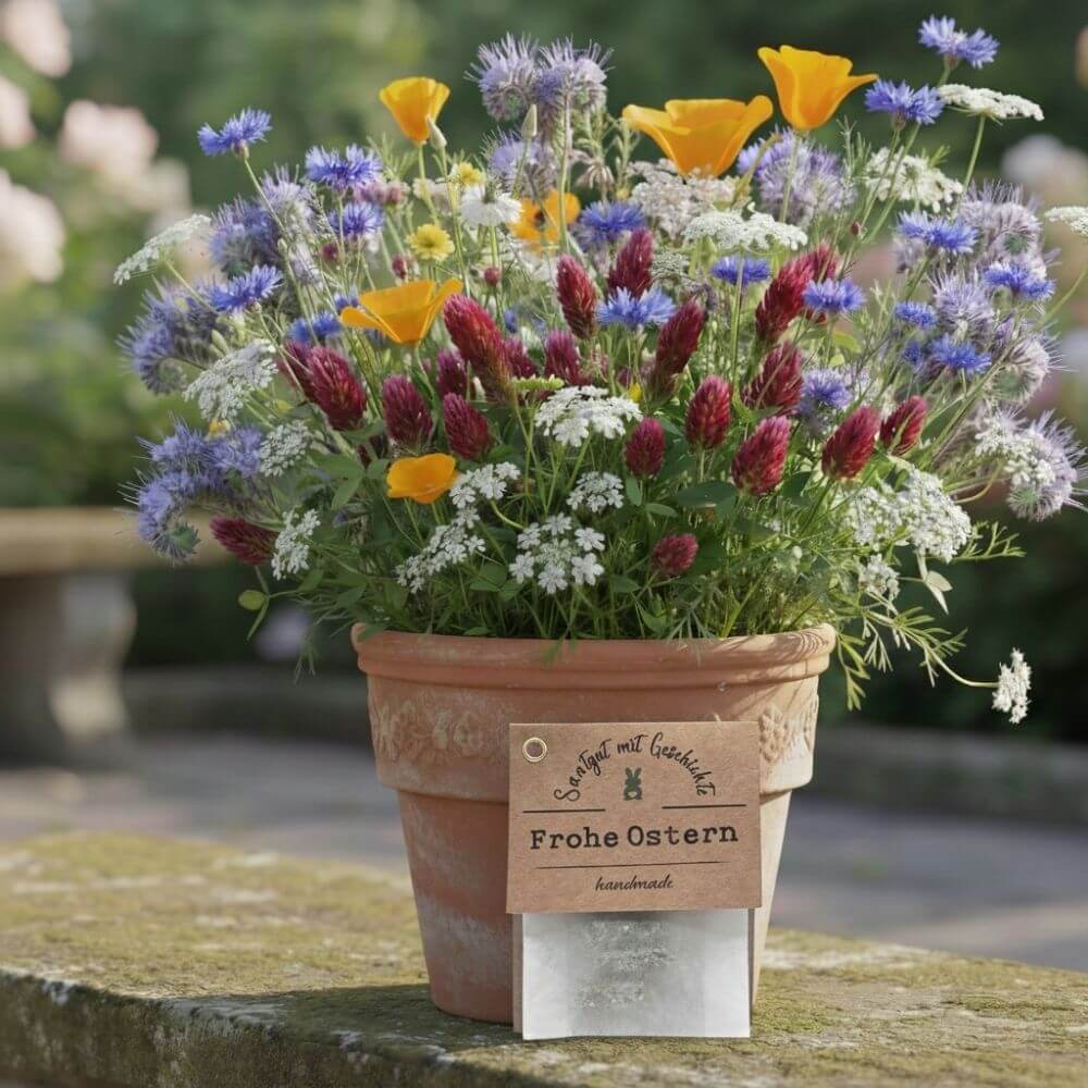 Foto der Wildgarten-Mischung in einem Terracotta-Topf und dafür das Oster-Saatgut-Säckchen
