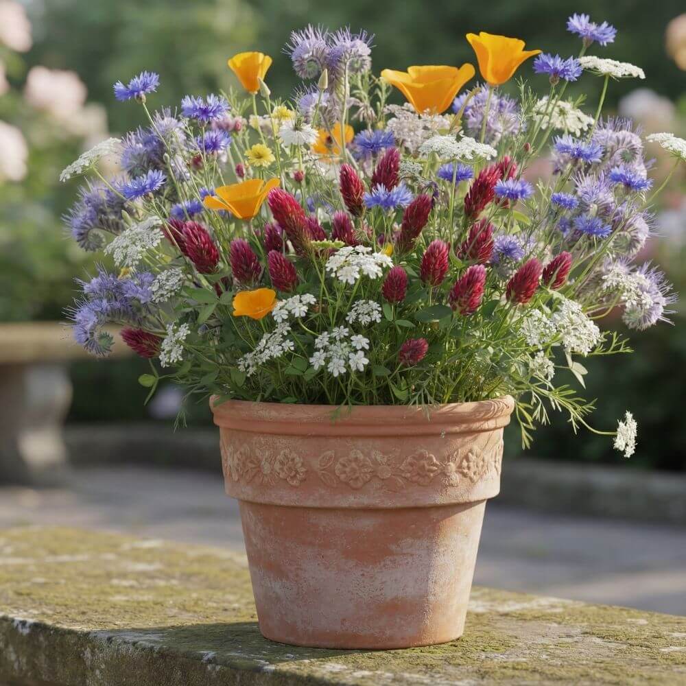 Foto der Wildgarten-Mischung in einem Terracotta-Topf
