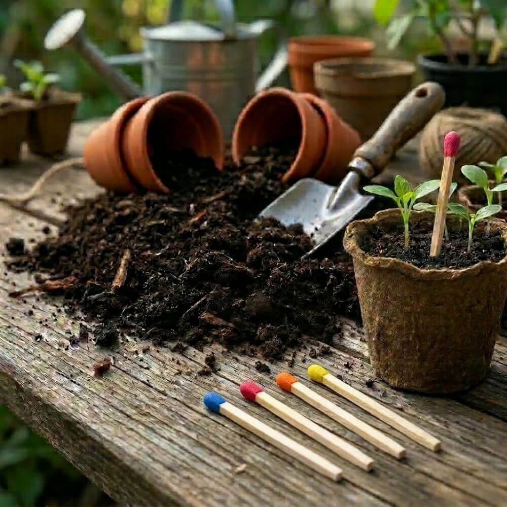 Foto von einem Anzuchttisch mit Erde und Blumentöpfen und 5 Streichhölzern mit bunten Köpfen