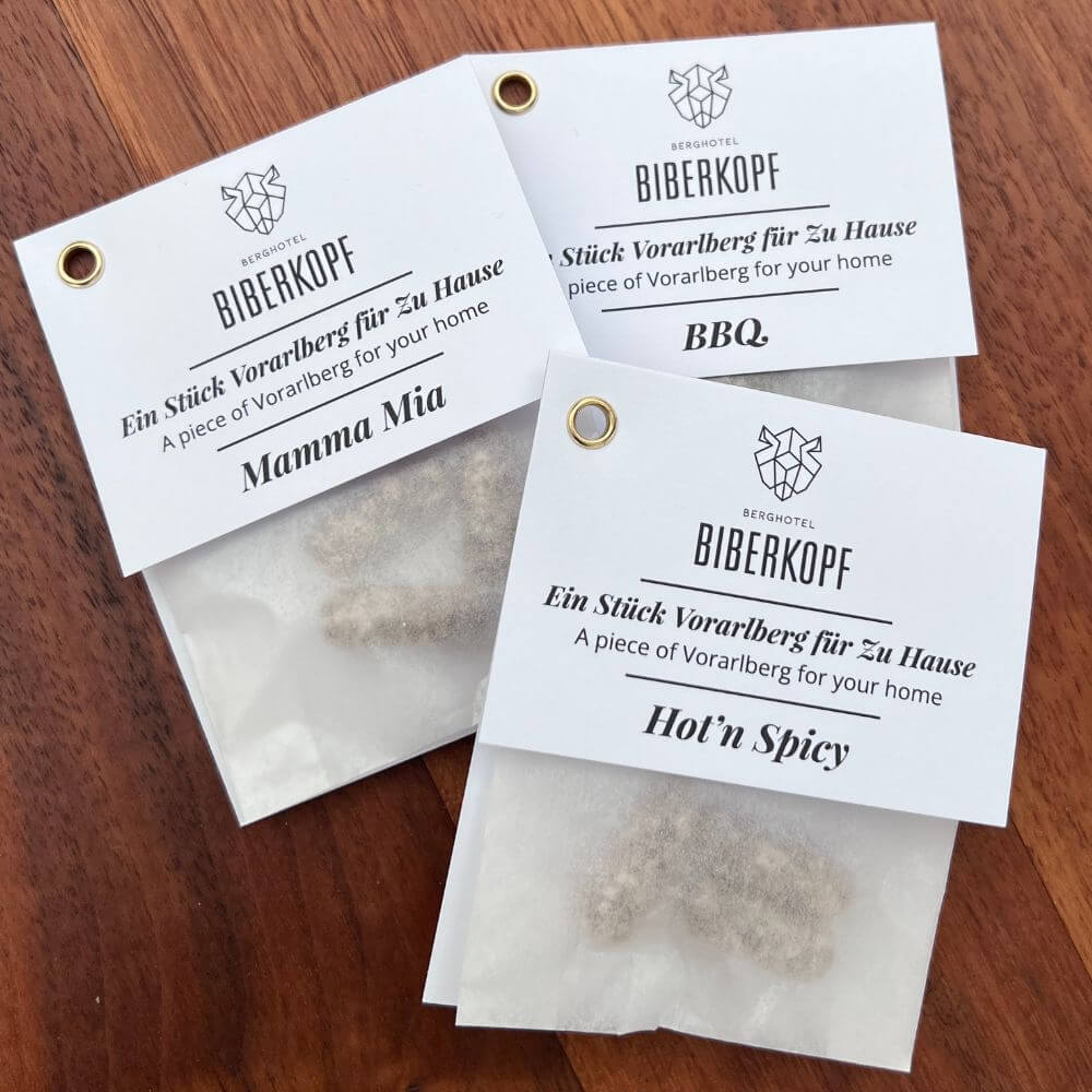 Give-Aways des Biberhotels in Warth mit drei Varianten