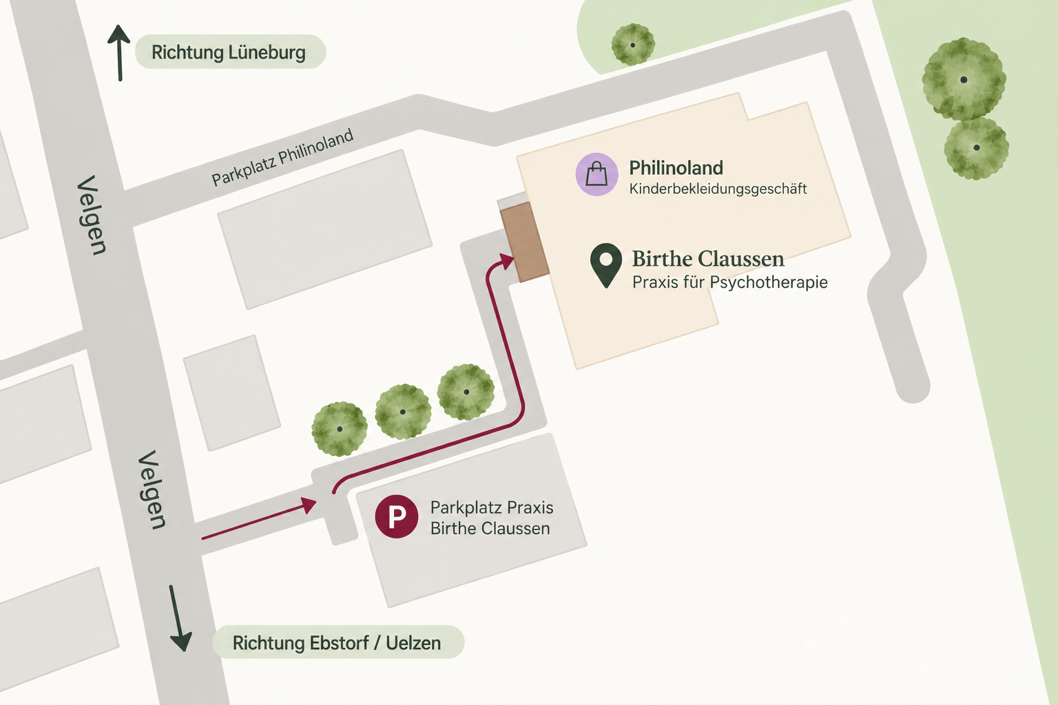 Anfahrtsskizze zur Praxis für Psychotherapie von Birthe Claussen in Velgen bei Ebstorf mit eingezeichnetem Praxisparkplatz, Fußweg und Eingang im Hinterhof.
