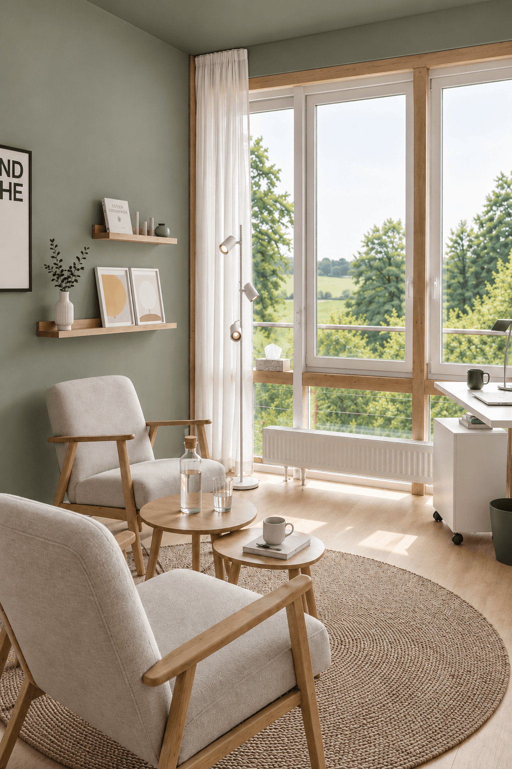 Heller Therapieraum der Praxis für Psychotherapie von Birthe Claußen in Velgen bei Ebstorf mit gemütlichen Sesseln und Blick ins Grüne.