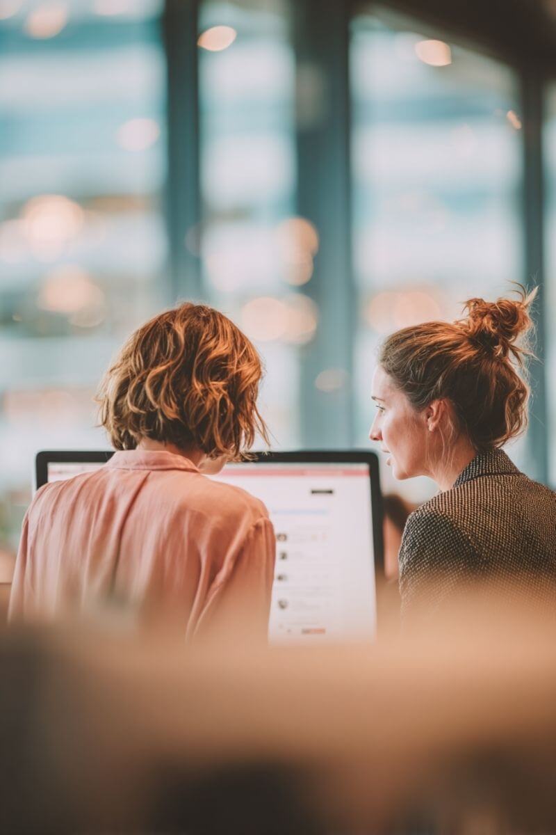 Online-Marketing-Expertin in roséfarbener Bluse sitzt neben einer Kundin im dunklen Blazer vor einem Monitor. Gemeinsam besprechen sie Inhalte auf dem Bildschirm in einem modernen Büro.