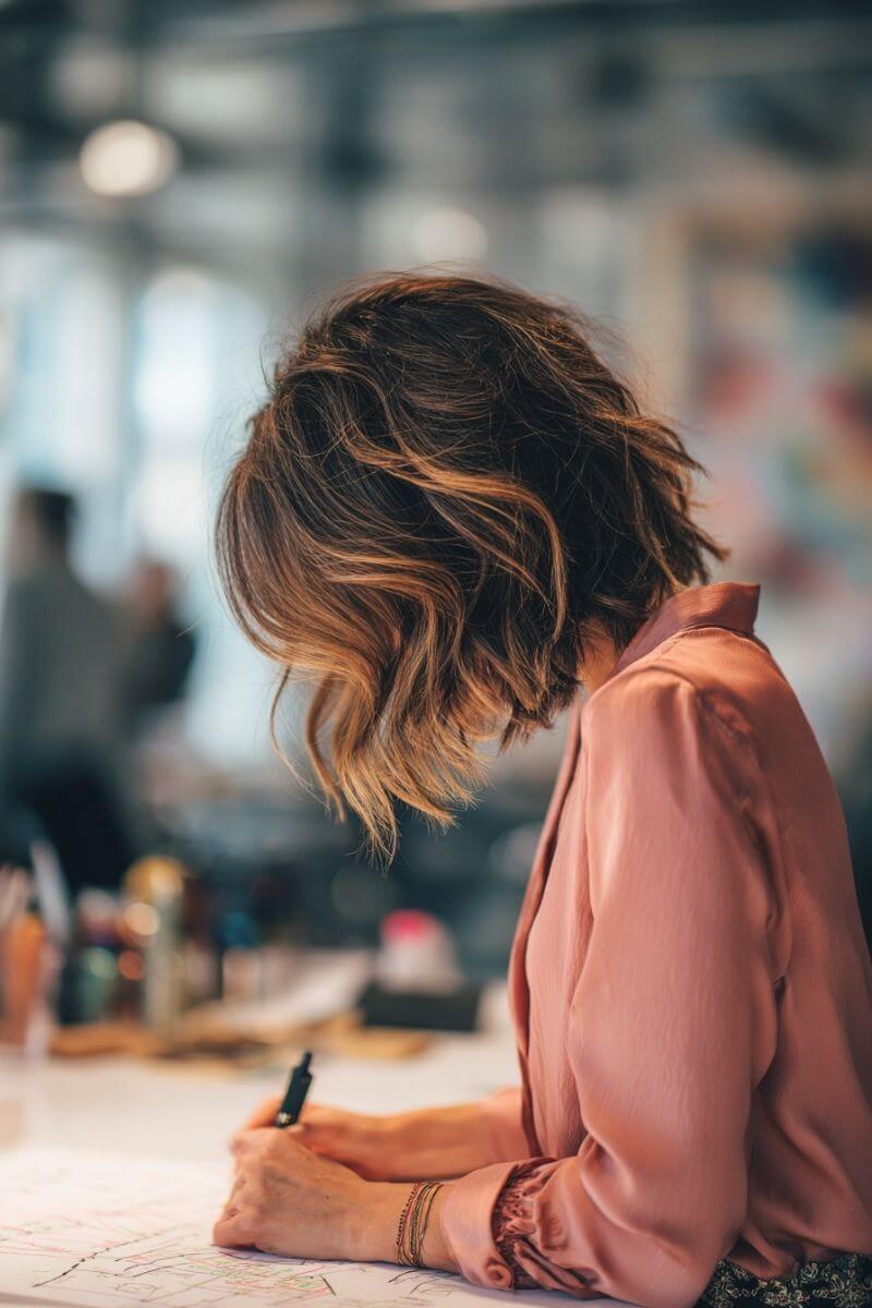 Online-Marketing-Expertin mit schulterlangem dunkelblondem Haar in gewelltem Long Bob schreibt konzentriert Notizen auf ein Blatt Papier. Sie trägt eine elegante roséfarbener Bluse, ihr Gesicht ist nicht sichtbar.