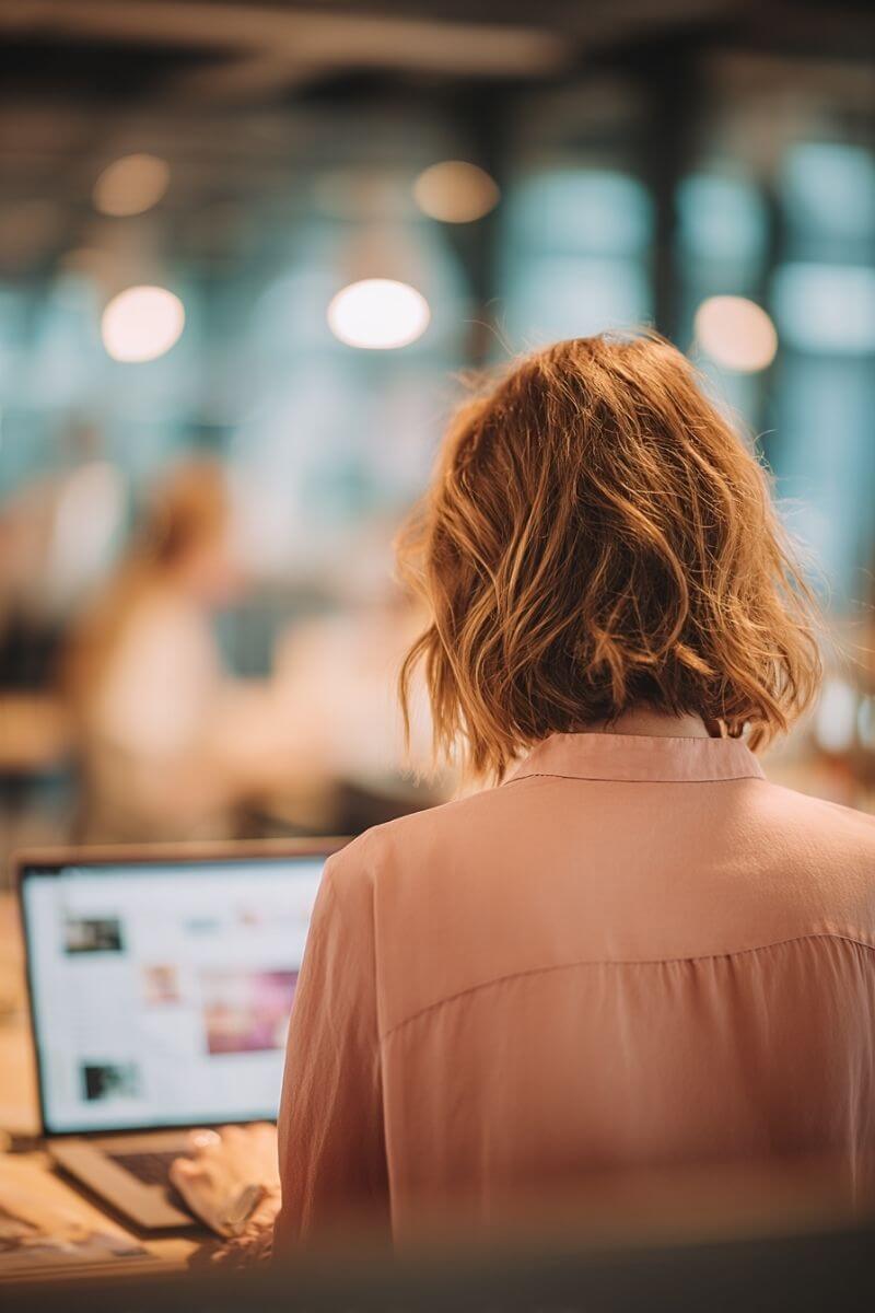 Online-Marketing-Expertin mit schulterlangem, leicht gewelltem dunkelblondem Haar in roséfarbener Bluse arbeitet an einem Laptop in einem modernen, hellen Büro. Das Gesicht ist nicht sichtbar.