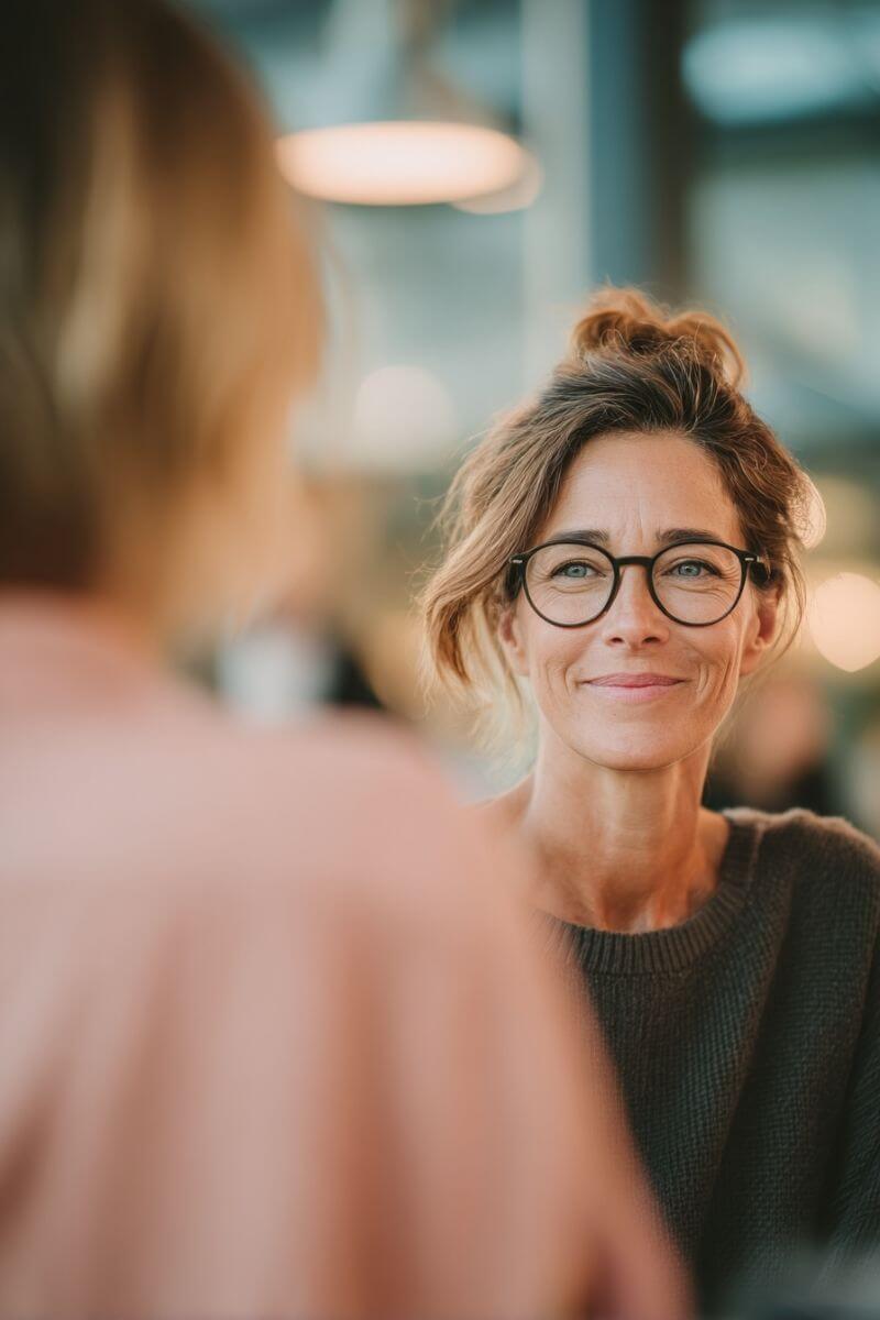 Online-Marketing-Expertin roséfarbener Bluse von hinten im Gespräch mit einer Kundin im modernen Büro. Der Fokus liegt auf der Kundin mit Brille und hellbraunem Haar, die aufmerksam zuhört.