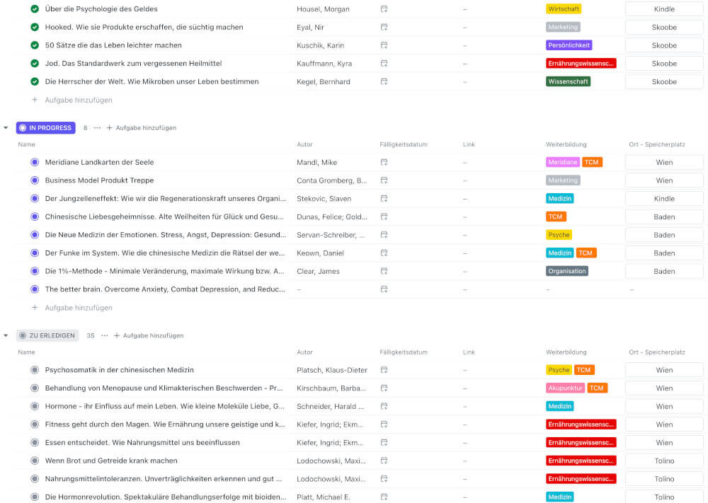 Leseliste in ClickUp - Organisation einer Lesesliste