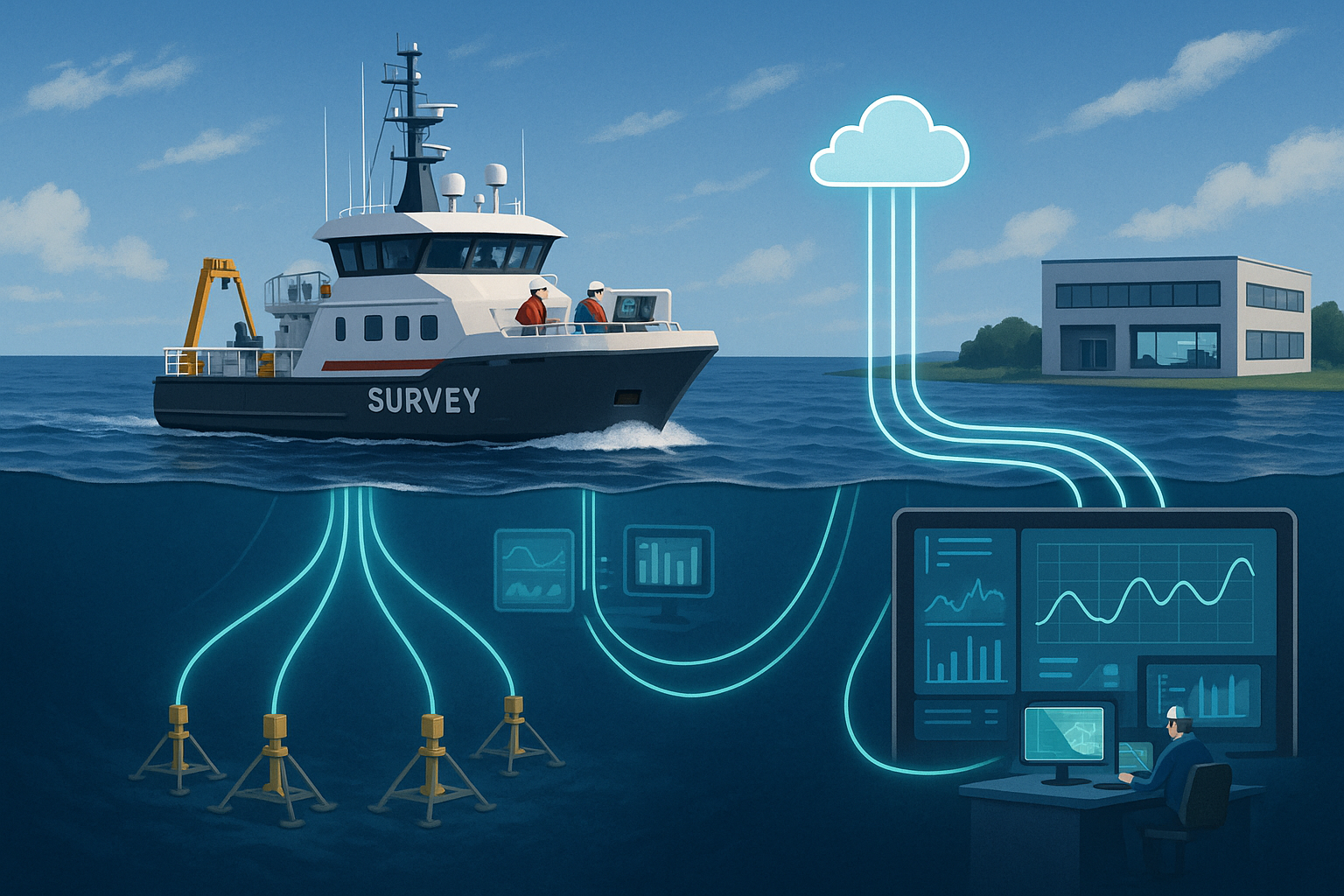 The image depicts a modern offshore survey vessel navigating through deep blue waters surrounded by a vast expansive sea Above the vessel a clear sky is speckled with wispy clouds hinting at a perfect day for surveying Below the surface intricate