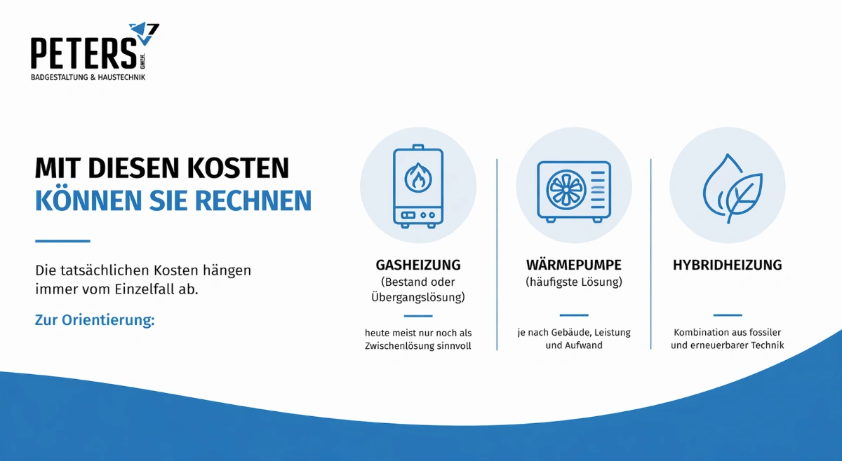 Grafik mit Überblick zu Heizungsarten: Gasheizung, Wärmepumpe und Hybridheizung als mögliche Lösungen für die Heizungserneuerung
