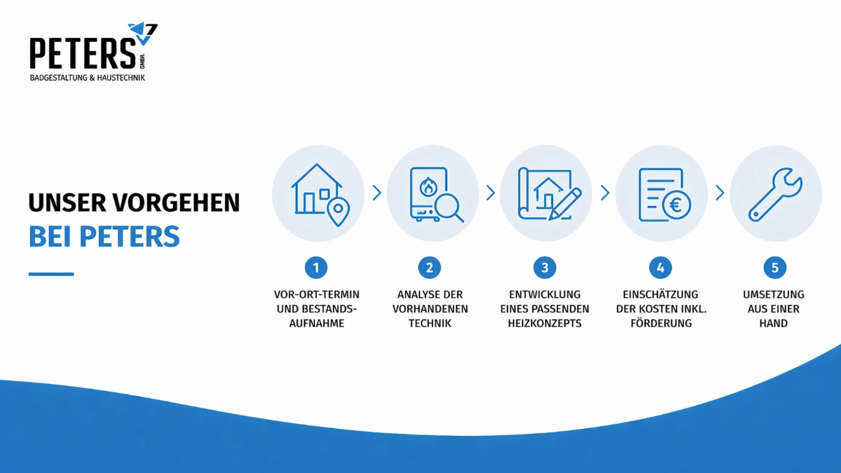 Grafik zum Ablauf einer Heizungserneuerung bei Peters: Vor-Ort-Termin, Analyse, Heizkonzept, Kosteneinschätzung mit Förderung und Umsetzung aus einer Hand