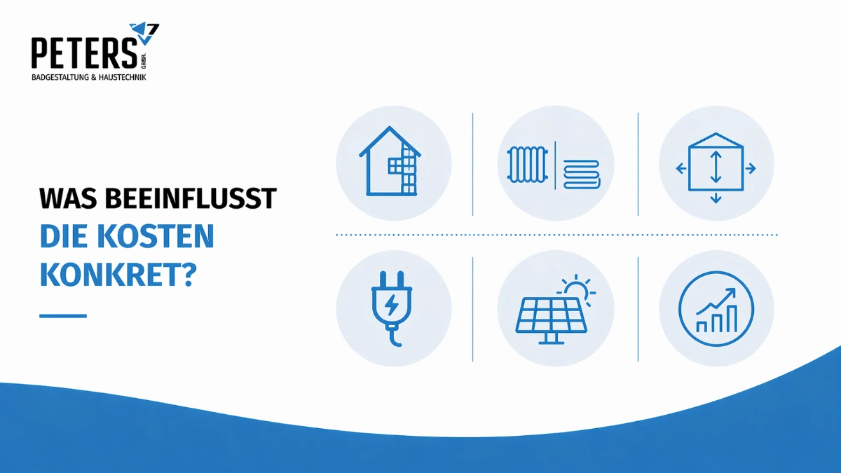 Grafik zu Einflussfaktoren auf die Kosten beim Heizung erneuern: Baujahr, Dämmung, Heizsystem, Platzverhältnisse, Stromversorgung und Photovoltaik
