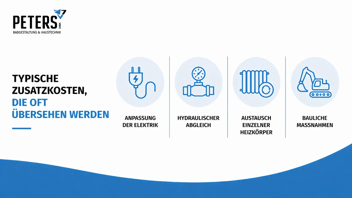 Grafik zu typischen Zusatzkosten beim Heizung erneuern: Anpassung der Elektrik, hydraulischer Abgleich, Austausch von Heizkörpern und bauliche Maßnahmen