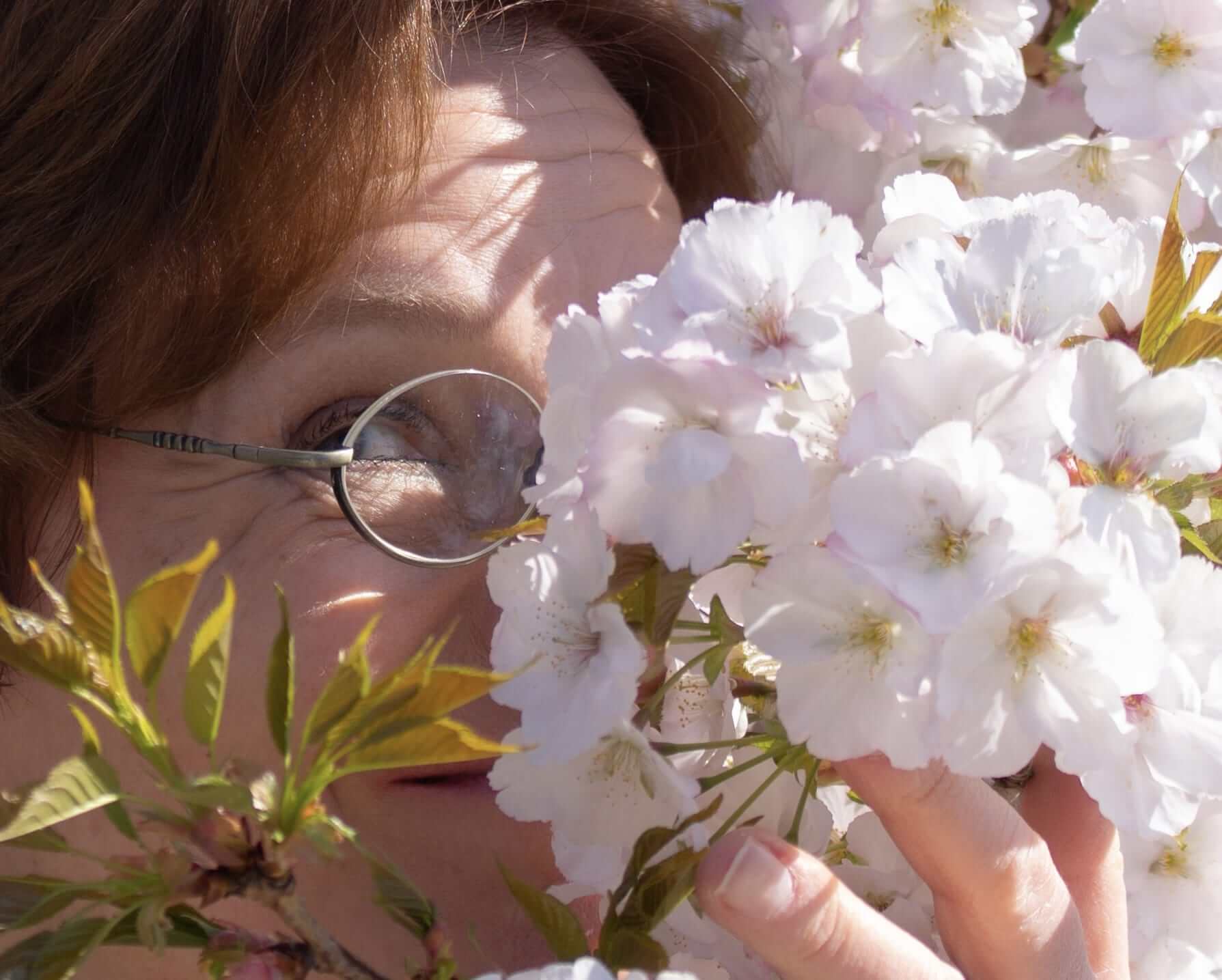 Porträt von Dr. Hanna Steffen an Baum mit Kirschblüte. Foto: Sarah Gewerke