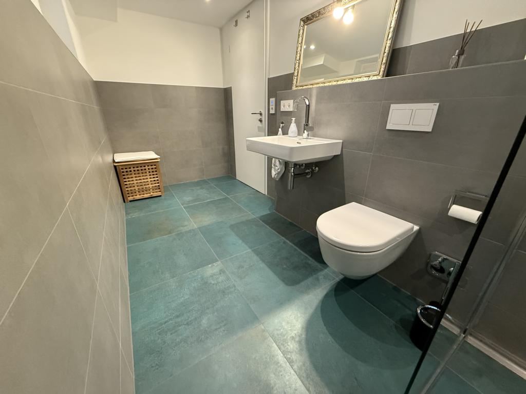 Modernes Gästebad im Keller mit Walk-in-Dusche