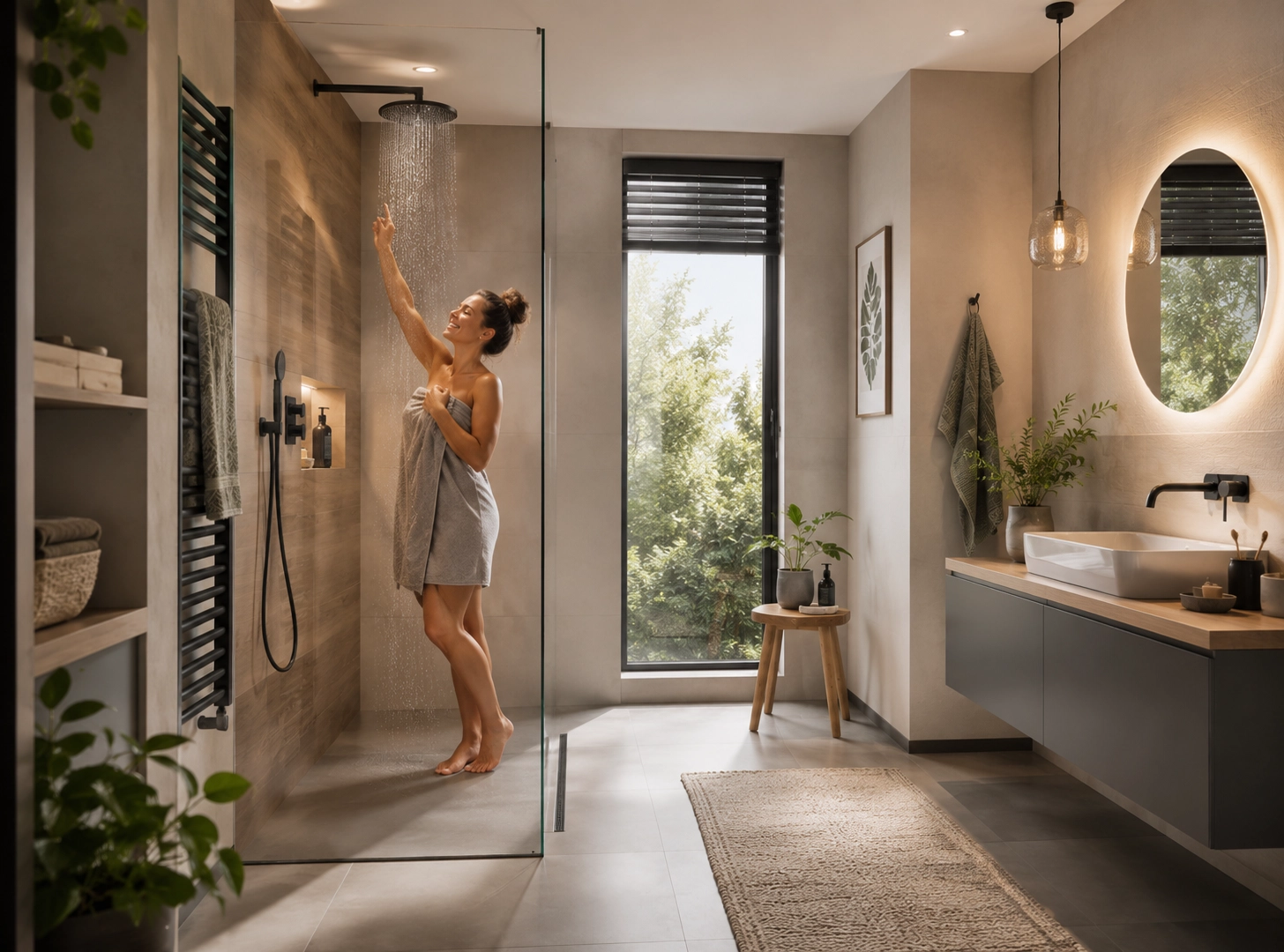 Moderne Badezimmer-Oase mit warmen Tönen