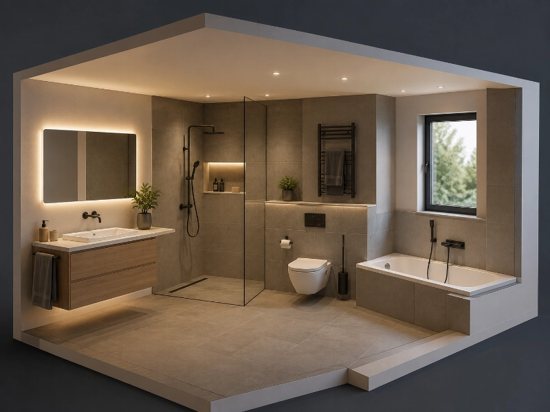 Moderne Badezimmer-Visualisierung im 3D-Schnitt